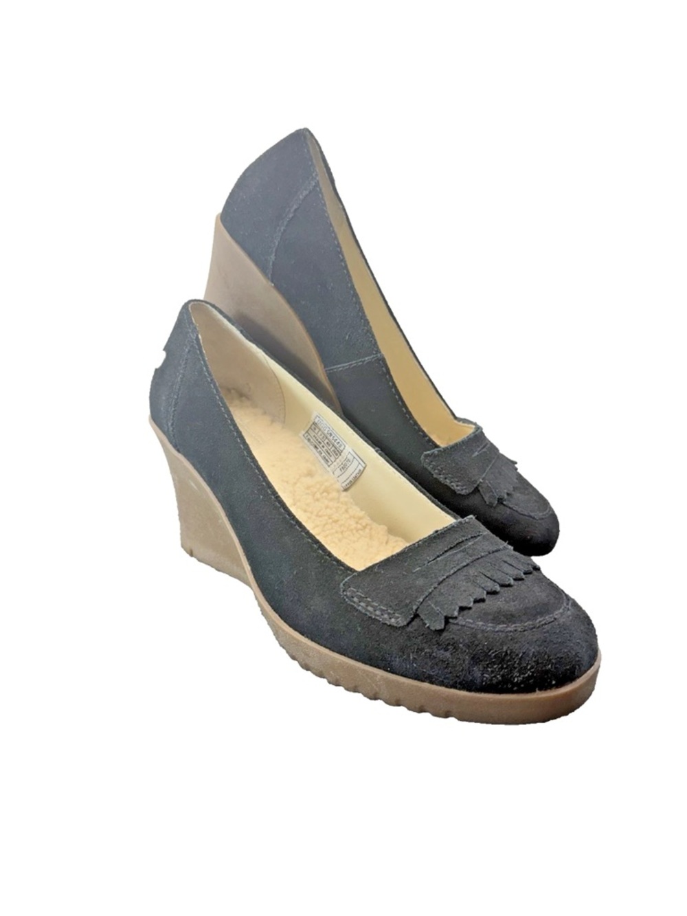 UGG Australia Lucianna Black Suede Wedge Heels Sheepskin Lined Loafer Women Sz 9